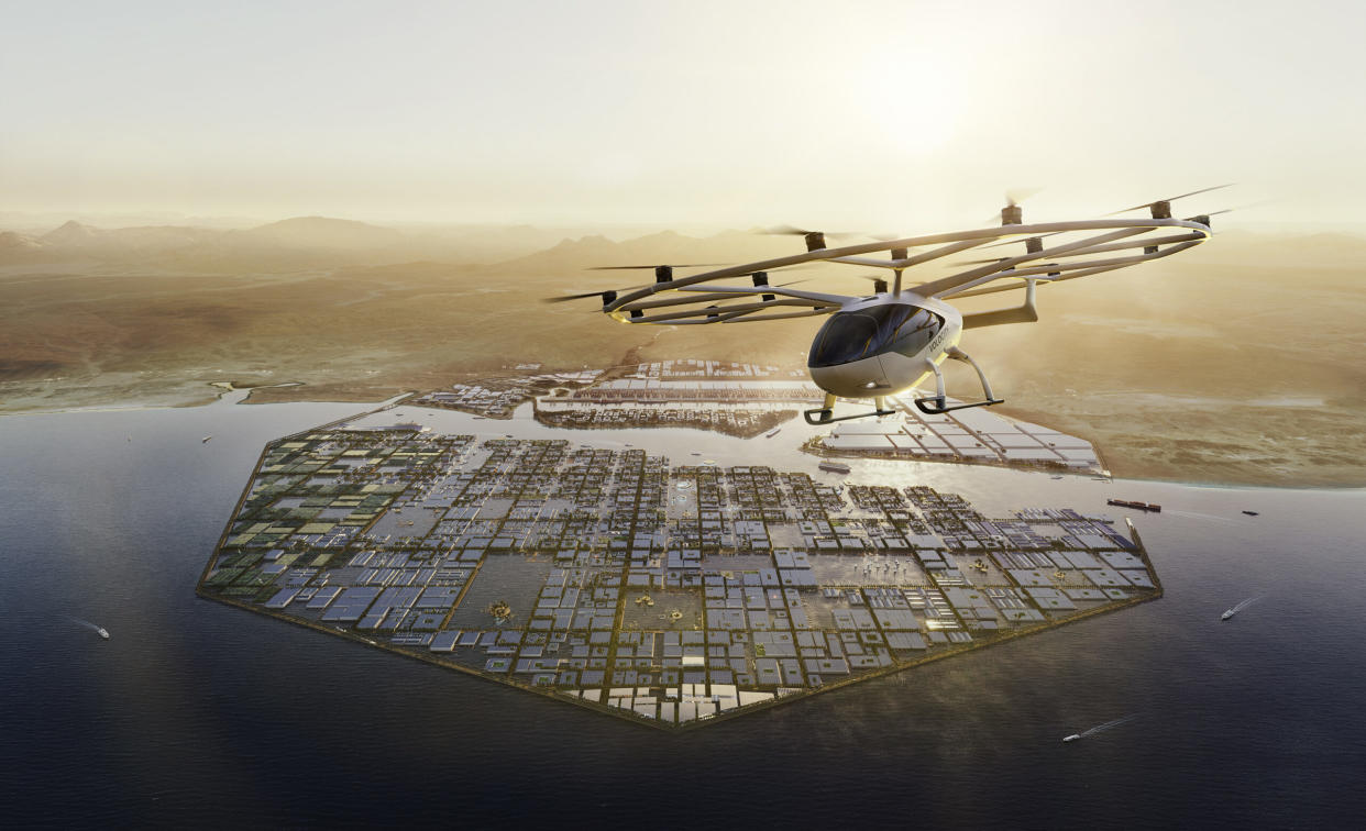 In ein paar Jahren sollen die elektrischen Fluggeräte von Volocopter über die Gebiete der saudischen Kunststadt Neom fliegen.  - Copyright: Volocopter