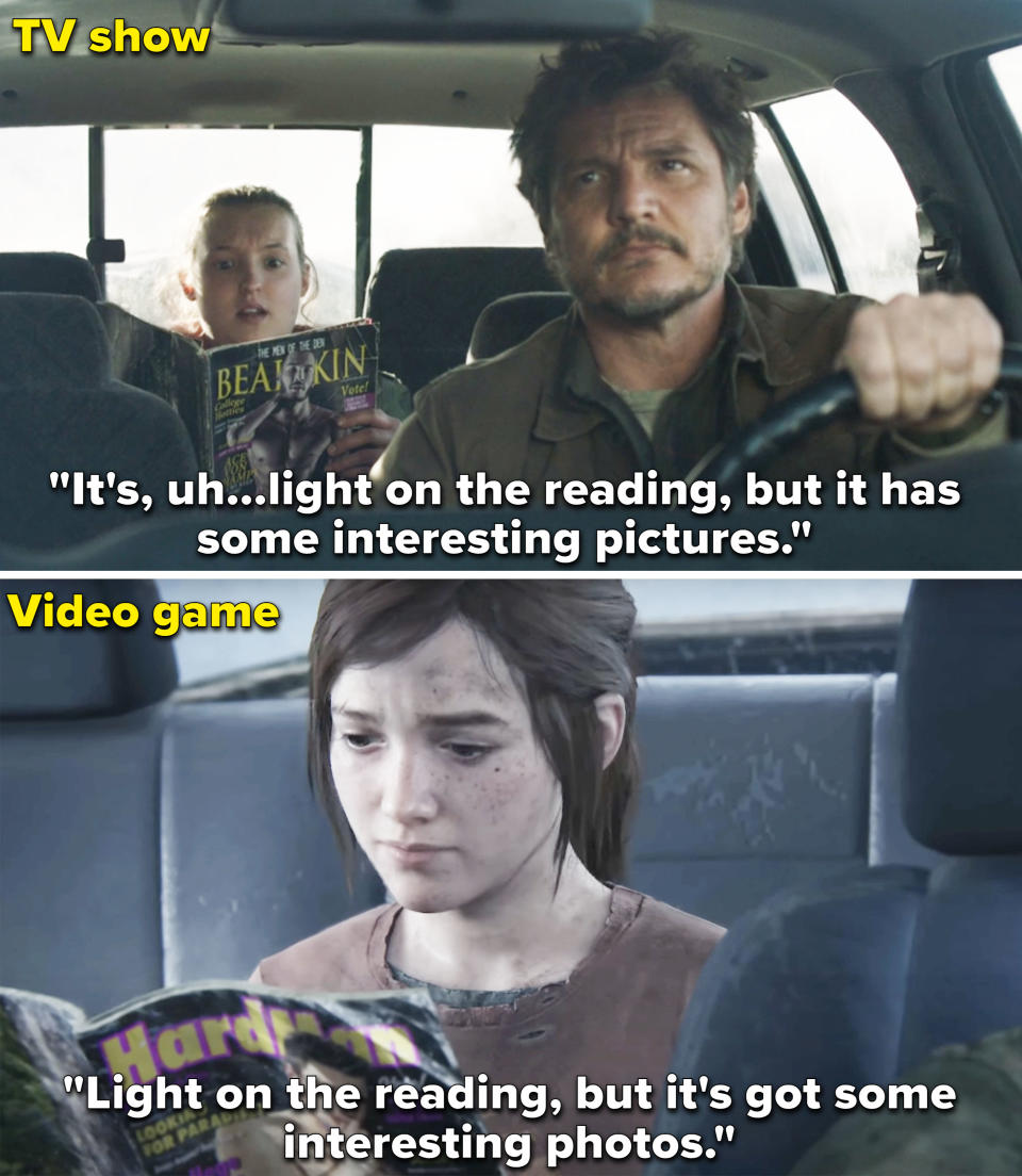 Ellie saying, "Light on the reading, but it's got some interesting photos" in both the show and game