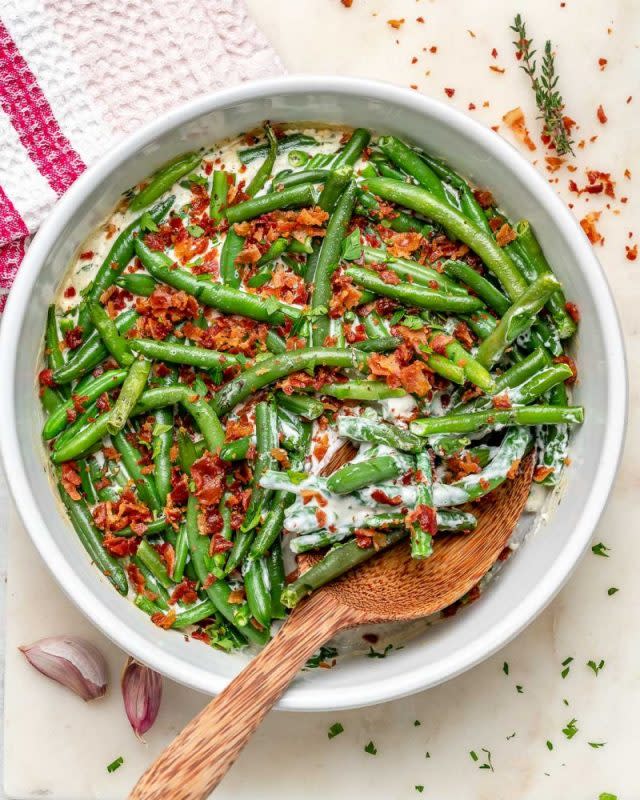 <p>Courtesy of cleanfoodcrush.com</p><p>You probably have all of these ingredients on hand, just pull that package of green beans out of the freezer, and get these garlic-herb creamy green beans on your Thanksgiving dinner table.</p><p><strong>Get the recipe: <a href="https://cleanfoodcrush.com/garlic-herb-creamy-green-beans/" rel="nofollow noopener" target="_blank" data-ylk="slk:Garlic Herb Creamy Green Beans;elm:context_link;itc:0;sec:content-canvas" class="link rapid-noclick-resp">Garlic Herb Creamy Green Beans</a></strong></p>
