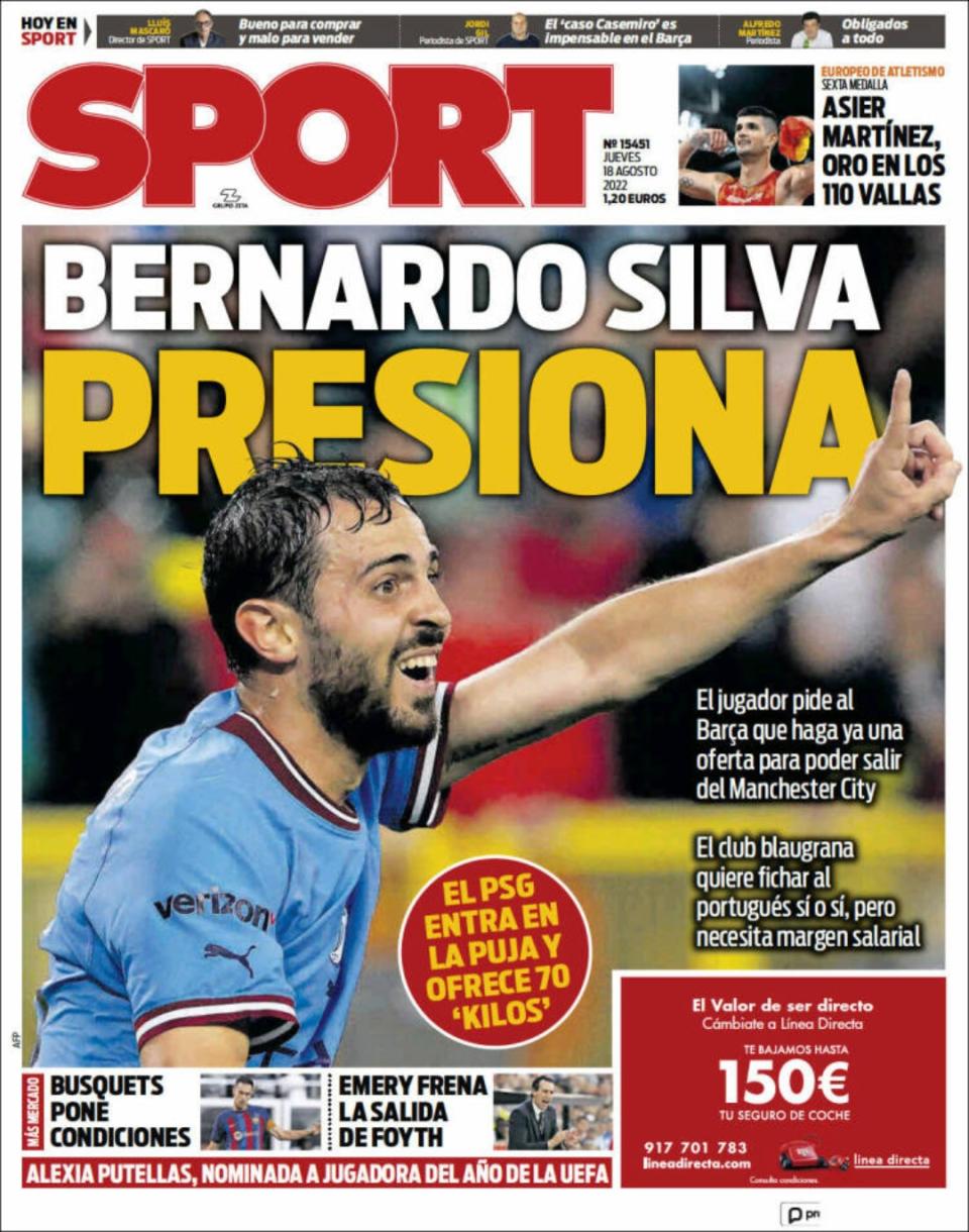 La intención de Bernardo Silva de fichar por el Barcelona es el tema de la portada de ‘Sport’. (Foto: Sport).