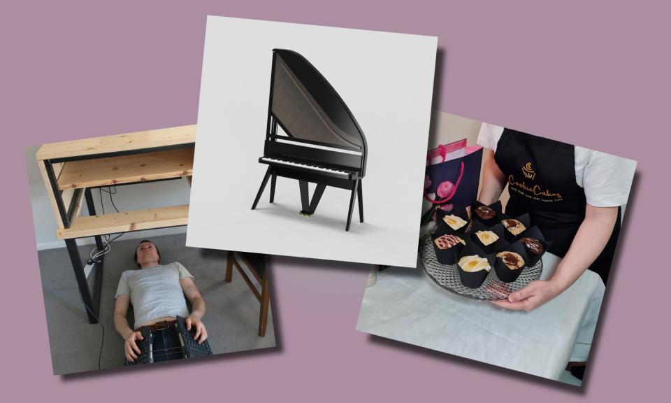 <span>UK inventions; Lying Down Desk by Alex May, Future Piano by Sarah Niccols and Cookie Cake by Anna Coombs.</span><span>Photograph: Alex May, Sarah Niccols, Anna Coombs</span>