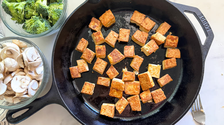 Cooked tofu in frying pan