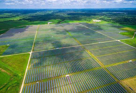 Aerial view of a utility-scale solar farm.