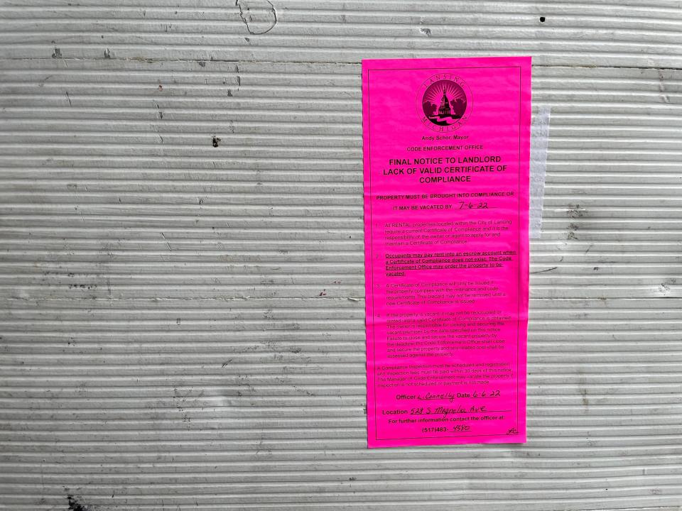 Lansing's Code Enforcement Office placed a pink tag on a home off Magnolia Avenue on the eastside, citing lack of valid certificate of compliance, on June 8, 2022