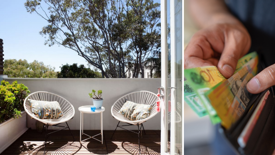 A table and chairs set up on the balcony of a designer home in Bondi Beach and a person removing $100 notes from a wallet.