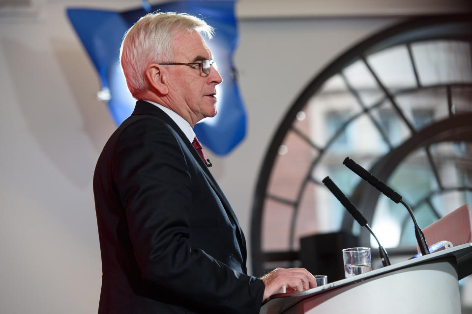 Shadow chancellor John McDonnell gives a speech on the economy, as part of Labour's general election campaign, at Church House in Westminster, London. Picture date: Tuesday November 19, 2019. Photo credit should read: Matt Crossick/Empics