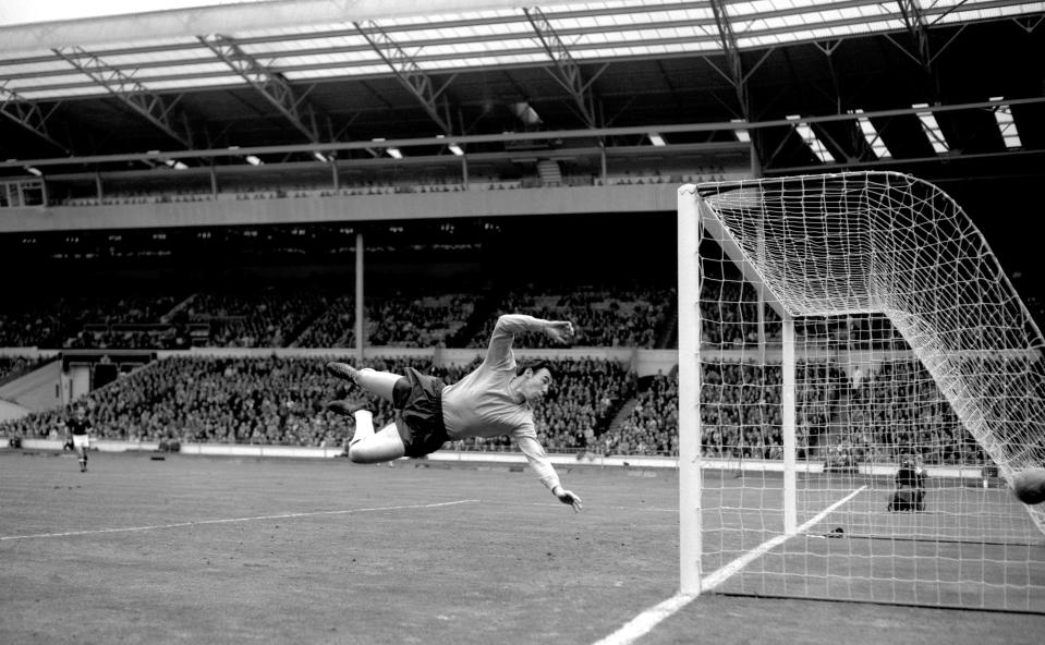 Gordon Banks jumps to make a save in the match with Hungary at Wembley.