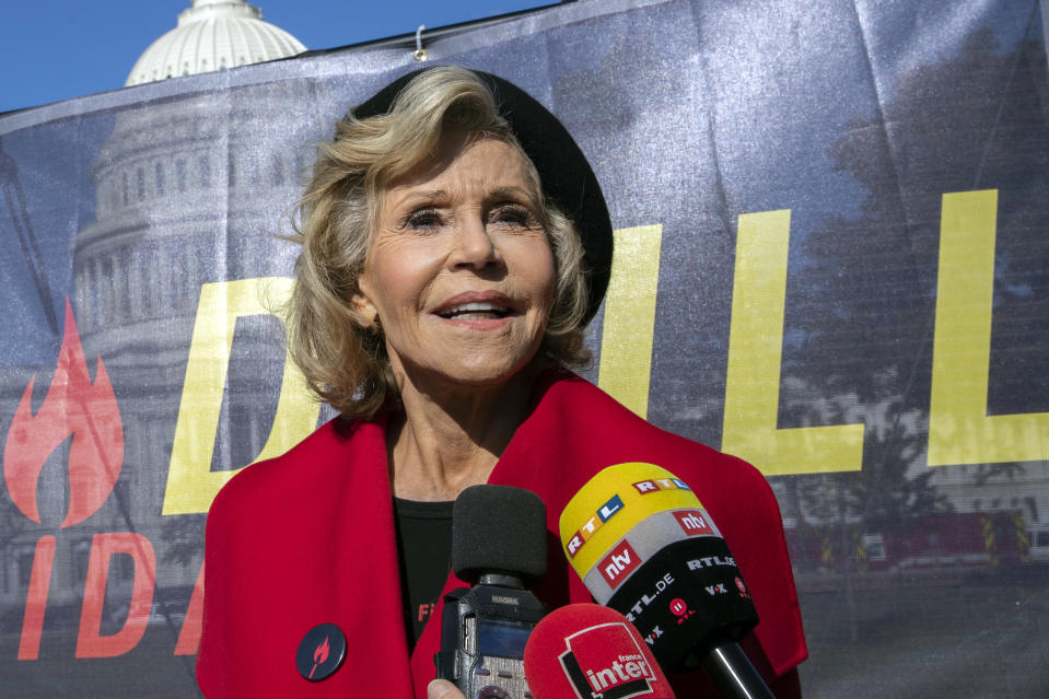 Actress Jane Fonda speaks during a rally on Capitol Hill in Washington, Friday, Oct. 18, 2019. A half-century after throwing her attention-getting celebrity status into Vietnam War protests, 81-year-old Jane Fonda is now doing the same in a U.S. climate movement where the average age is 18. (AP Photo/Manuel Balce Ceneta)