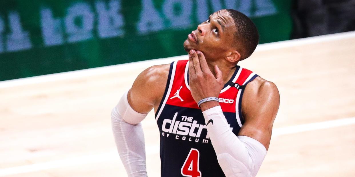 Russell Westbrook looks up during a game in 2021.