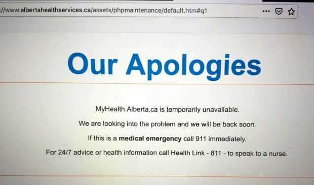 Alberta's COVID-19 vaccination booking website was down on Wednesday morning, with this apology posted. Wednesday was the first day in the province that seniors aged 75 and older were eligible for the vaccine. 