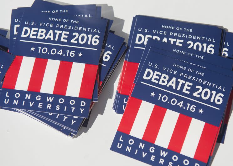 Promotional materials for the vice presidential debate at Longwood University in Farmville, Va. (Photo: Saul Loeb/AFP/Getty Images)