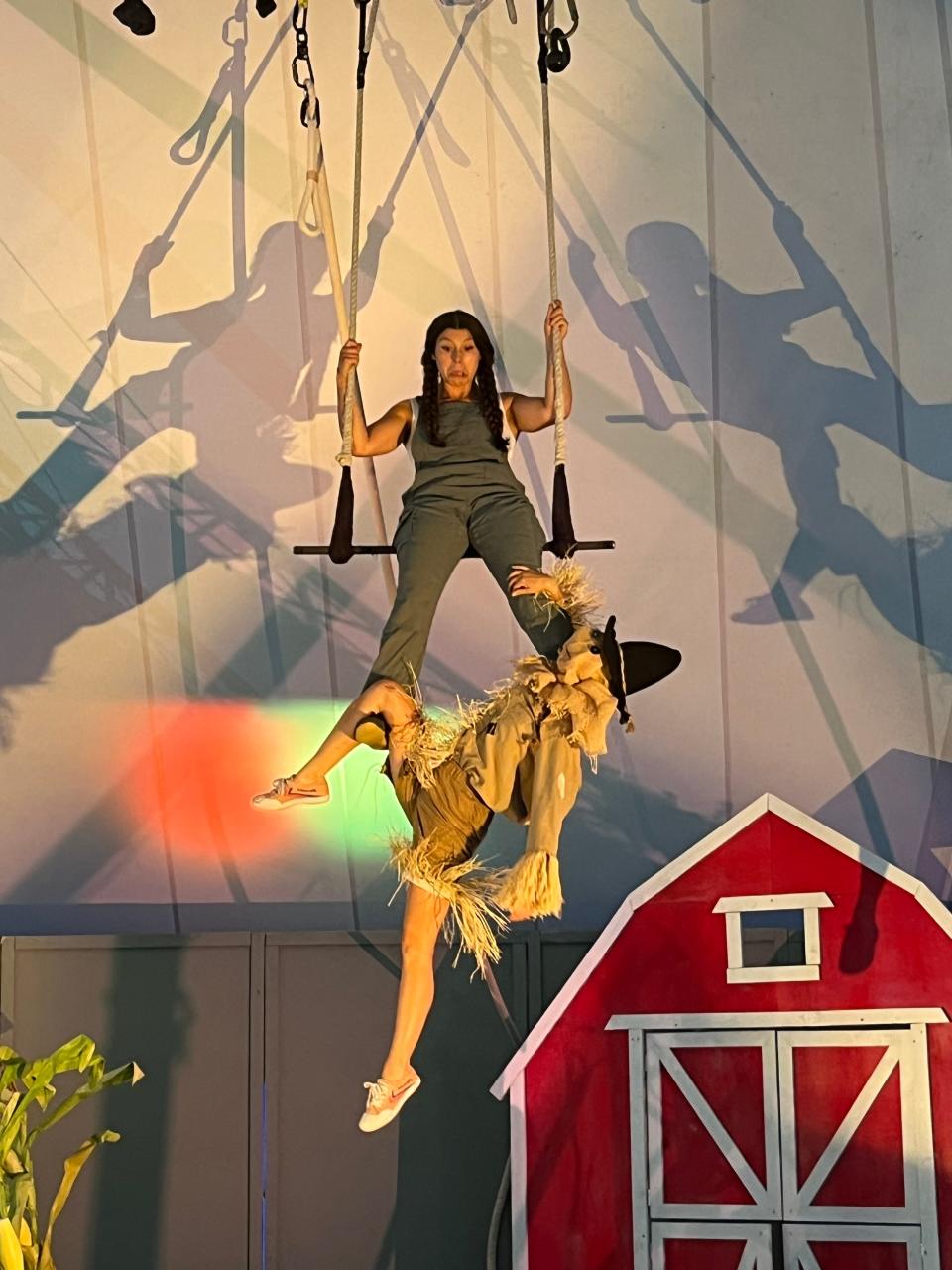 Eleanor Getz and Gabrielle Teddy Ment, professionally trained circus performers, in a family-friendly story about a scarecrow, part of "Roots! A Farm to Circus Show" at Payomet Performing Arts Center.