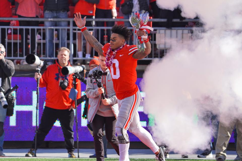 Ohio State wide receiver Kamryn Babb (0) is one of 23 players the Buckeyes honored at senior day on Nov. 26, 2022 at Ohio Stadium.