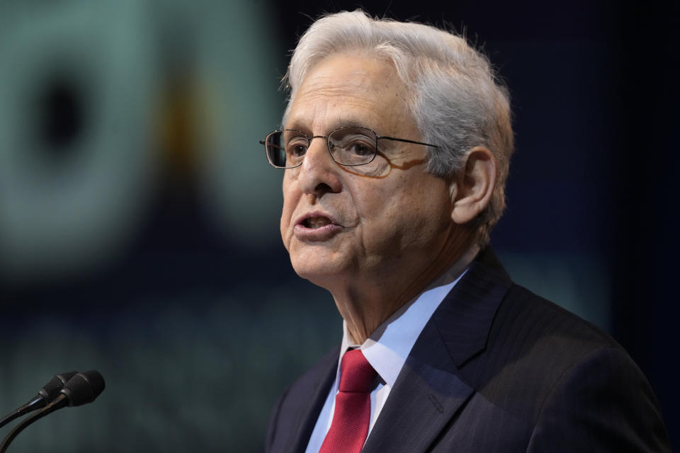 U.S. Attorney General Merrick Garland makes a point as he speaks to members of the house of delegates of the American Bar Association at the group's annual meeting Monday, Aug. 7, 2023, in Denver. (AP Photo/David Zalubowski)