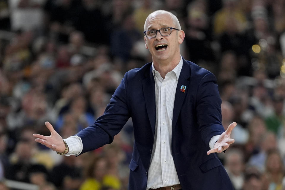 UConn head coach Dan Hurley reacts during the first half of the NCAA college Final Four championship basketball game against Purdue, Monday, April 8, 2024, in Glendale, Ariz. (AP Photo/David J. Phillip)