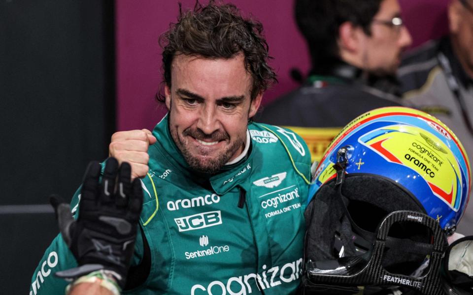 Aston Martin's Spanish driver Fernando Alonso reacts after finishing third place at the end of the qualifying session of the Saudi Arabia Formula One Grand Prix at the Jeddah Corniche Circuit in Jeddah on March 18, 2023