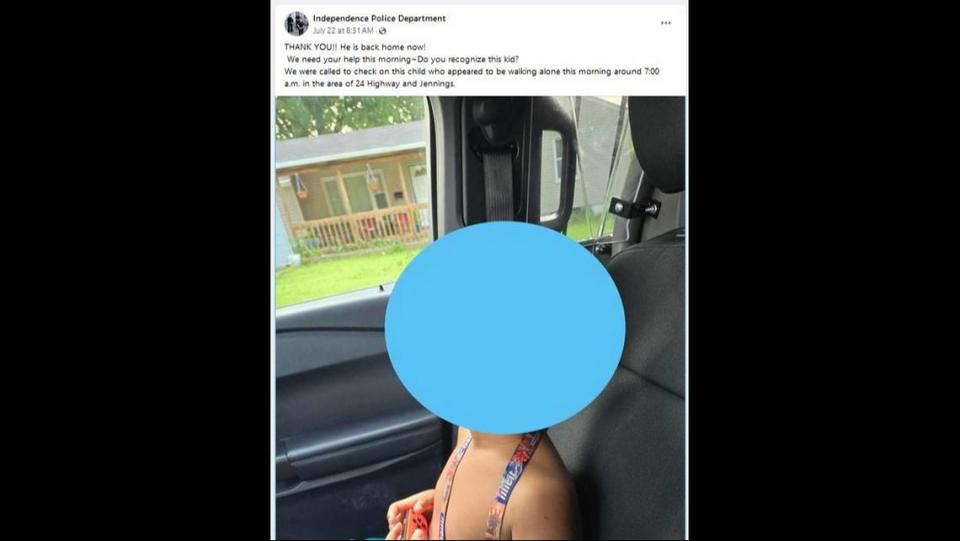 A screenshot of a Facebook post from the Independence Police Department on July 22, after a boy was found a short distance from his home in Independence Towers.