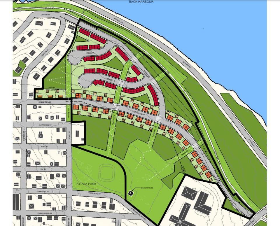 A map shows the Blockhouse Hill site under design option 2, which council has chosen, and would allow for around 256 housing units on about half of the nine hectare site.