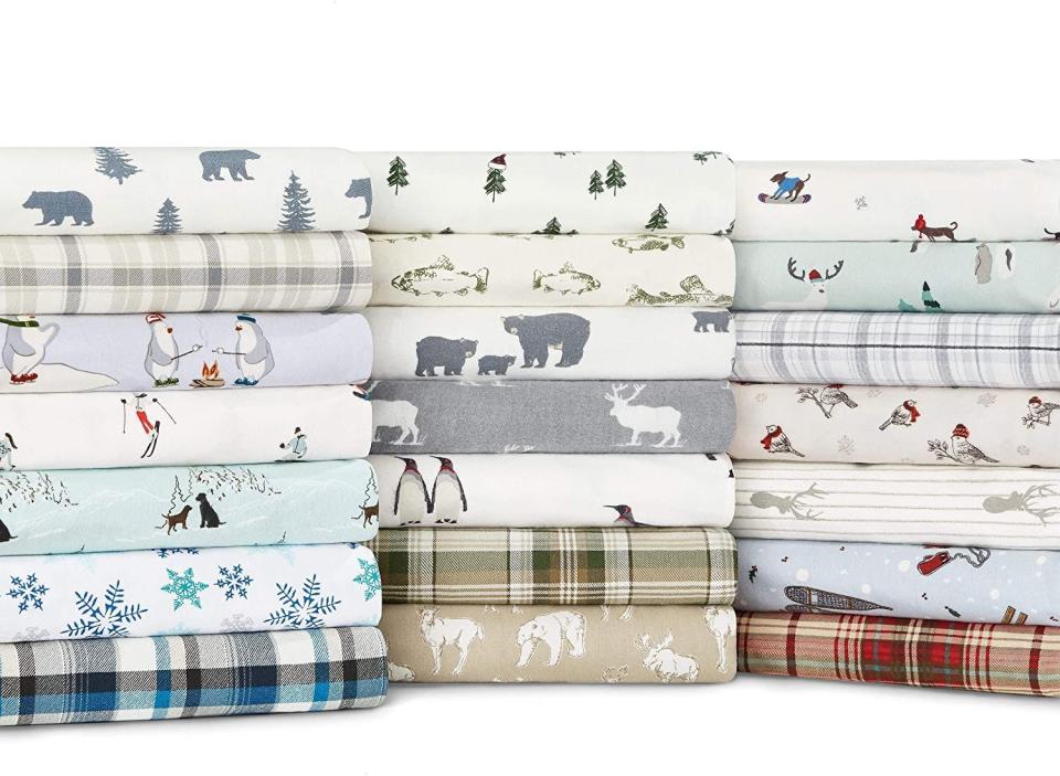 <p><strong>Eddie Bauer</strong></p><p>amazon.com</p><p><strong>$44.79</strong></p><p>Feeling festive? Look no further than these 100 percent cotton flannel sheets by Eddie Bauer. Donning whimsical seasonal prints, including: penguins, snowflakes, reindeer, and a host of plaids, the bedding sets are preshrunk for the perfect fit wash after wash. Coordinate with the brand's extensive offering of quilts, comforters, and throws to create your dream holiday bedroom. One <a href="https://www.amazon.com/gp/profile/amzn1.account.AFXG57HZXL6XPLG6JWR3VRTMACEA/ref=cm_cr_arp_d_gw_lft?ie=UTF8&tag=syn-yahoo-20&ascsubtag=%5Bartid%7C10057.g.34303170%5Bsrc%7Cyahoo-us" rel="nofollow noopener" target="_blank" data-ylk="slk:customer;elm:context_link;itc:0;sec:content-canvas" class="link ">customer</a> raves, "These are super soft and warm for winter. The entire family loves 'em, including the dog!" Added bonus: These patterned flannels also make great gifts! </p>