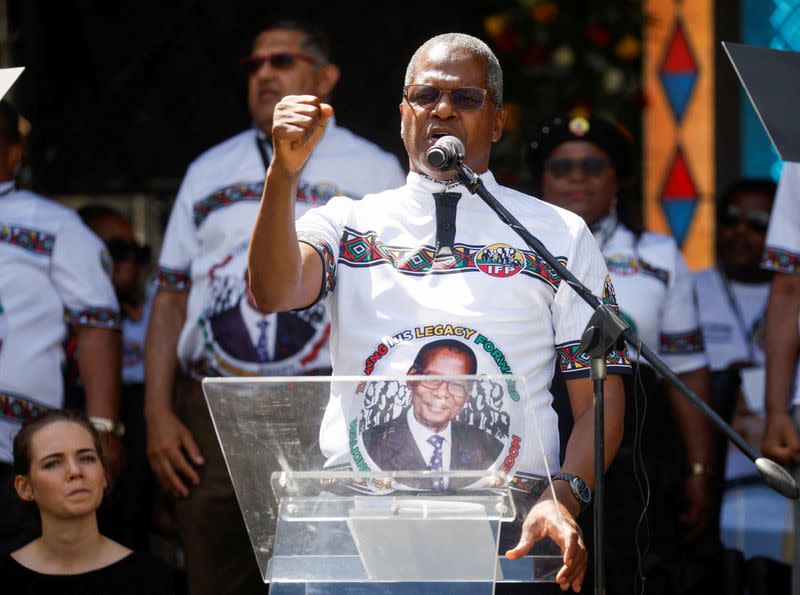 FILE PHOTO: President of the Inkatha Freedom Party (IFP) Velenkosini Hlabisa delivers his speech to supporters at the Election Manifesto launch in Durban