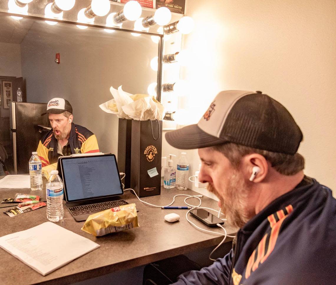 Brendan Hunt, best known as Coach Beard on “Ted Lasso,” prepared for his performances backstage before taking the stage for Thundergong!