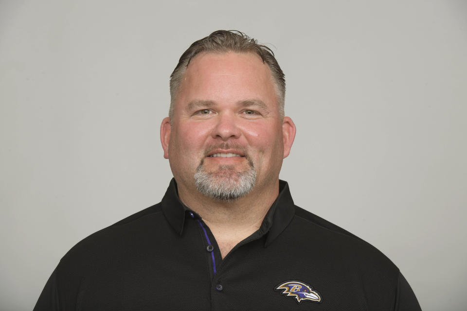 File-This July 12, 2019, photo shows Greg Roman of the Baltimore Ravens NFL football team. The mastermind behind the Baltimore Ravens' prolific offense may be headed elsewhere after the team has completed its playoff run. Coach John Harbaugh confirmed Monday, Dec. 30, 2019, that the Cleveland Browns have asked permission to talk to Roman about their vacant head coaching job, and the Ravens will allow that interview to take place. Harbaugh suspects the interview could occur this week, because top-seeded Baltimore has a bye before opening the playoffs on Jan. 11. (AP Photo/File)