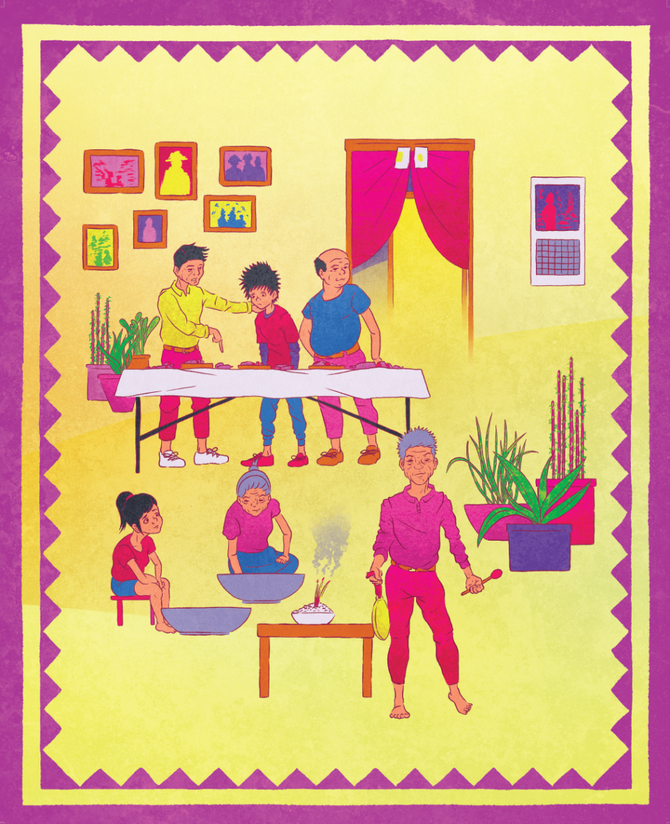 This Jackson Yang piece, done digitally, depicts a traditional ritual done by a Hmong shaman (the figure in red in the lower right corner). In the background, a boy that Yang based on himself, stands with a couple of uncles. The boy doesn't understand what's happening. In all his pieces, Yang uses simple, bold colors used by Hmong artists on story cloths.