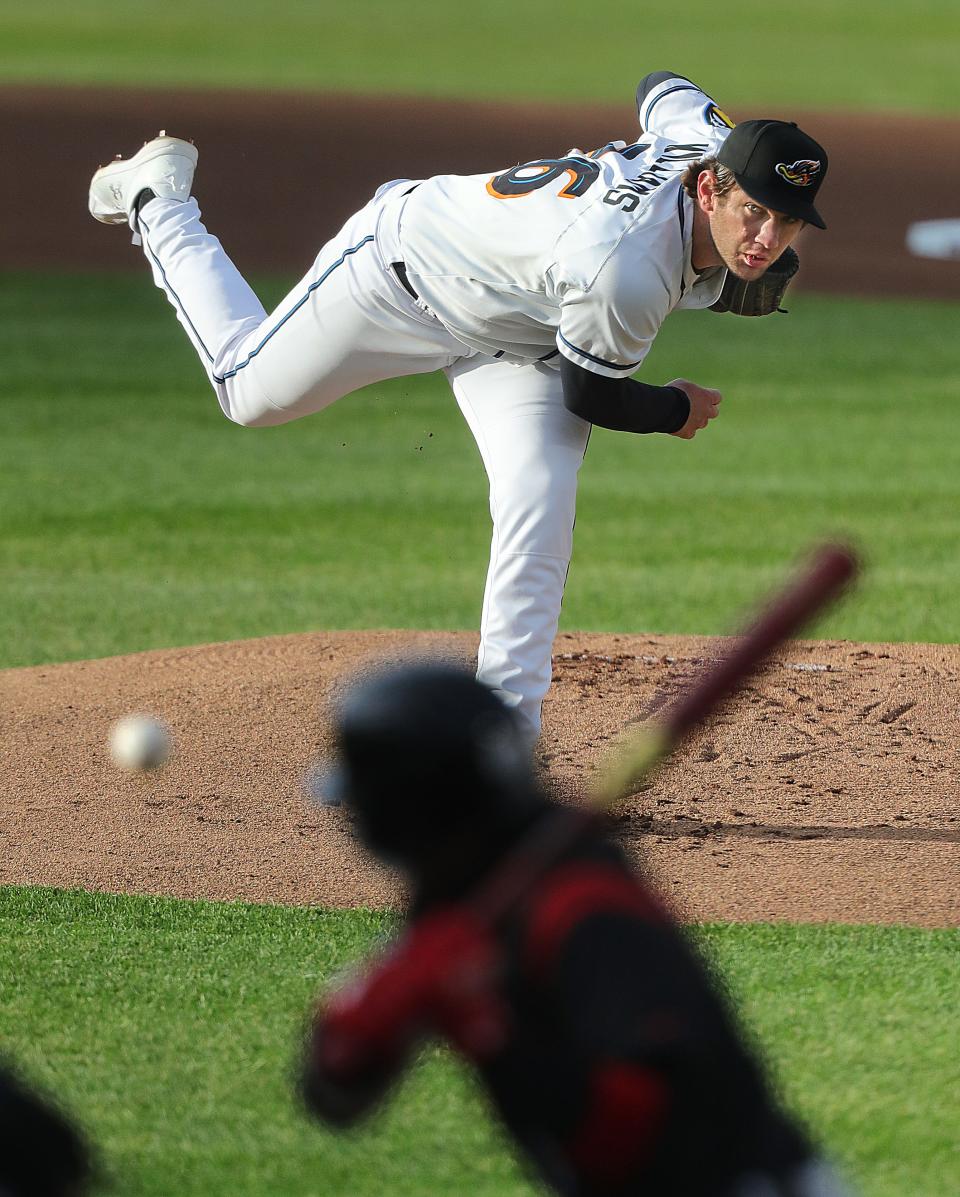 Akron RubberDucks pitcher Gavin Williams throws a first-inning pitch against Erie, Thursday, April 6, 2023.