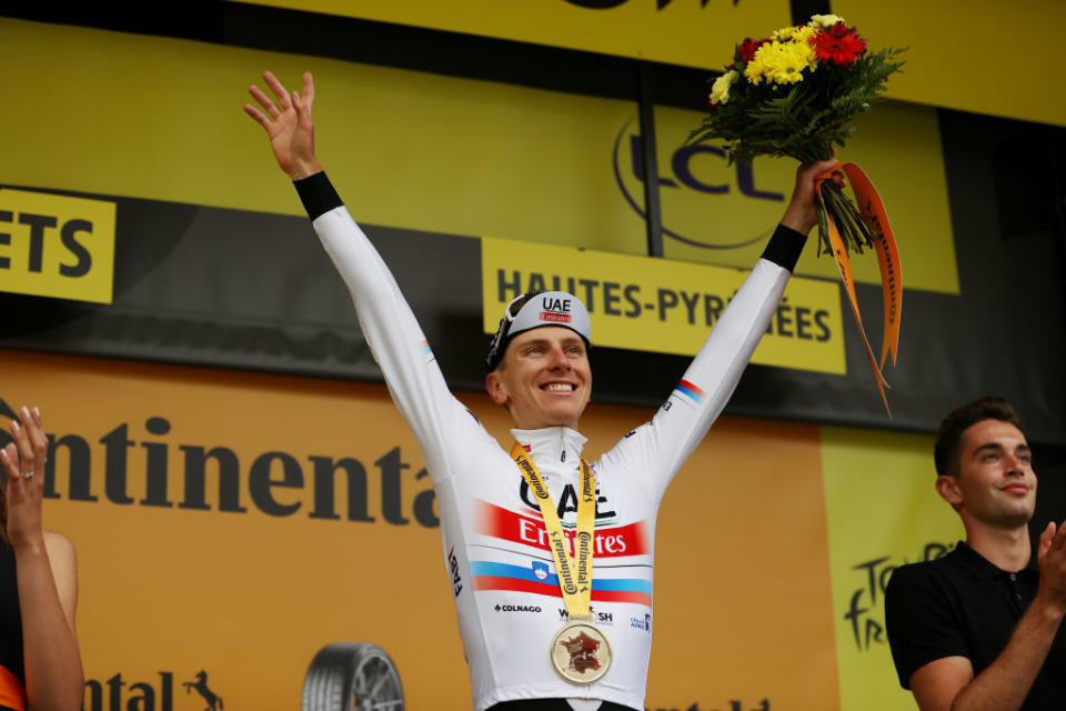 CAUTERETSCAMBASQUE FRANCE  JULY 06 Tadej Pogacar of Slovenia and UAE Team Emirates celebrates at podium as stage winner during the stage six of the 110th Tour de France 2023 a 1449km stage from Tarbes to CauteretsCambasque 1355m  UCIWT  on July 06 2023 in  CauteretsCambasque France Photo by Michael SteeleGetty Images