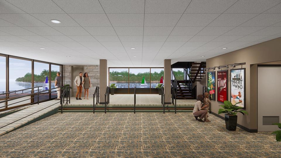 A rendering of the Bristol Riverside Theater's renovation plans shows a view of the lobby facing the Delaware River.