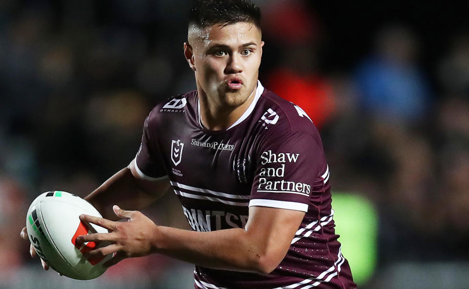 Josh Schuster, pictured here in action for the Manly Sea Eagles.