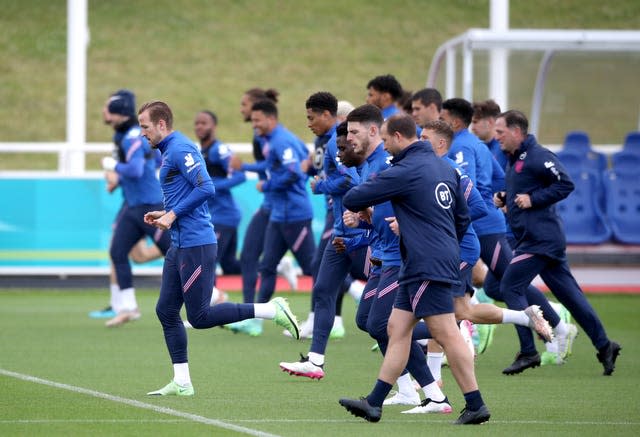 England captain Harry Kane (left) during a training session at St George’s Park