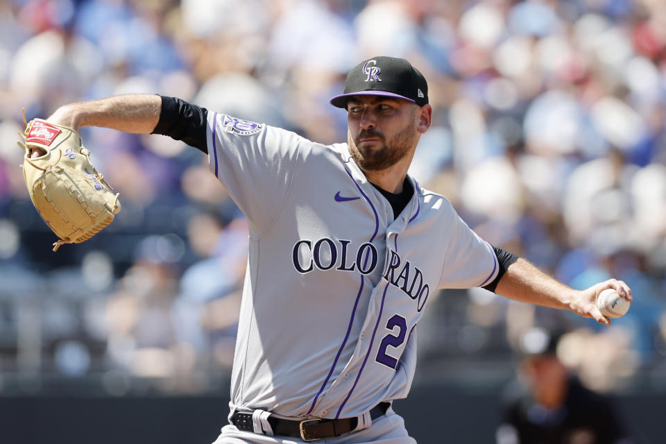 Colorado Rockies pitcher Austin Gomber delivers to a Kansas City Royals batter during the first inning of a baseball game in Kansas City, Mo., Saturday, June 3, 2023. (AP Photo/Colin E. Braley)