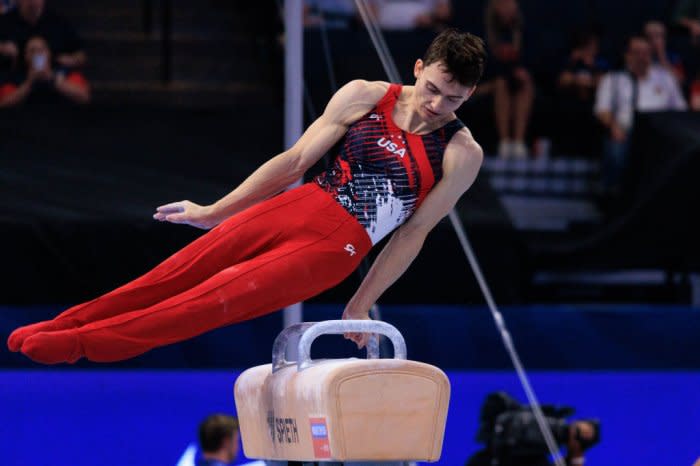 Stephen Nedoroscik competes on the pommel horse during the Trials.<span class="copyright">Nikolas Liepins—Anadolu/Getty Images</span>