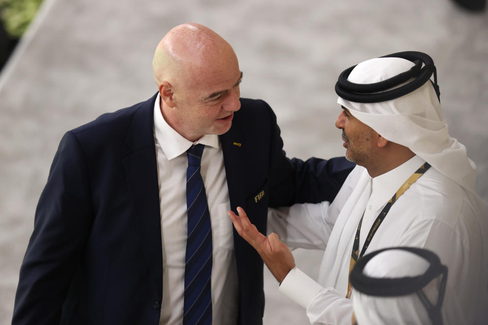 Doha, Qatar. 16th Dec, 2022. 2022 FIFA World Cup Press Conference before  Final Games Dec 16th. Gianni Infantino, President of FIFA speaking to the  press Credit: Action Plus Sports Images/Alamy Live News