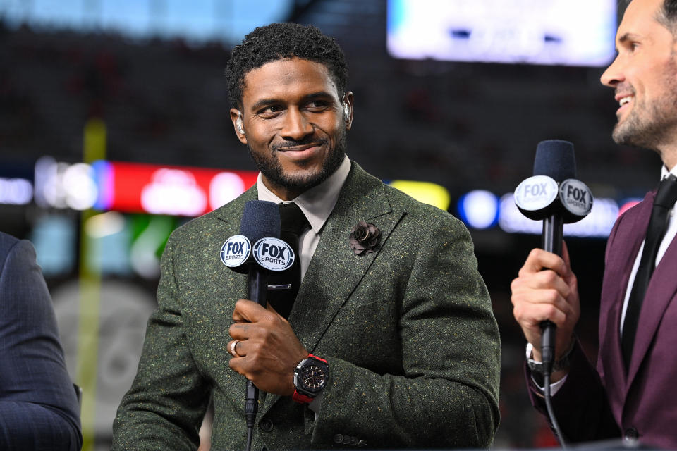 LAS VEGAS, NV - DECEMBER 02: Fox college football studio analyst Reggie Bush looks on before the Pac-12 Conference championship game between the Utah Utes and the USC Trojans at Allegiant Stadium on December 2, 2022 in Las Vegas, Nevada. (Photo by Brian Rothmuller/Icon Sportswire via Getty Images)