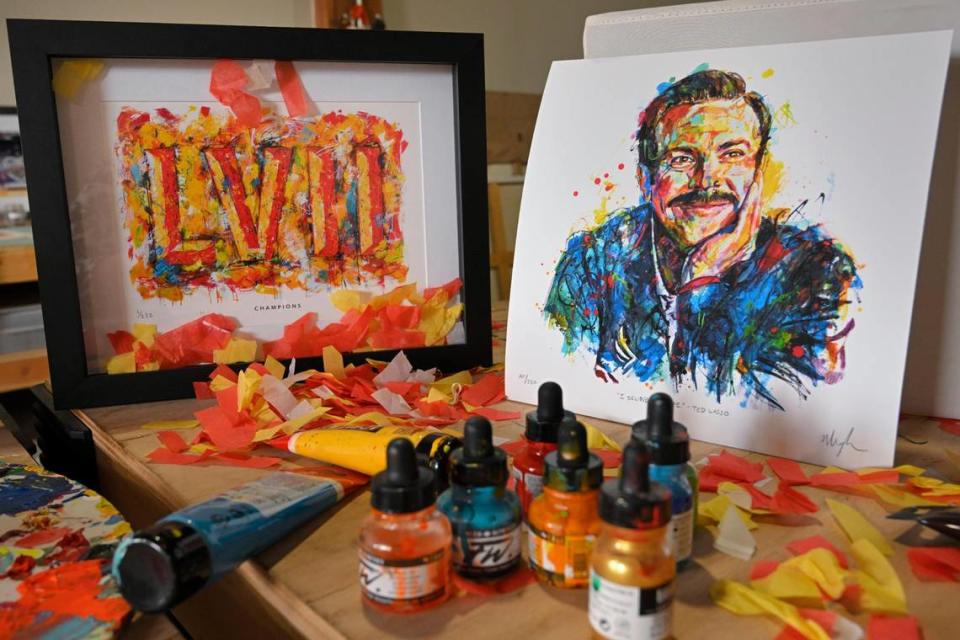 Kansas City-based artist Megh Knappenberger created a limited edition Confetti Shadow box, one of 222 she created using confetti collected from the field after the Chiefs’ Super Bowl LVII Championship in 2023 in Phoenix, Arizona, and a portrait of Ted Lasso.
