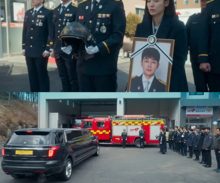 孫浩俊劇中殉職，出殯時經過消防局，完成歸隊儀式。翻攝Disney+