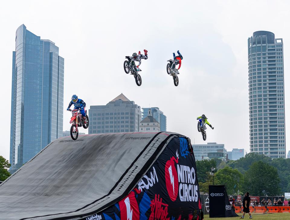 Nitro Circus performs stunts at the Harley-Davidson Homecoming Festival celebrating the company's 120th anniversary on July 15, 2023, at Veterans Park in Milwaukee.