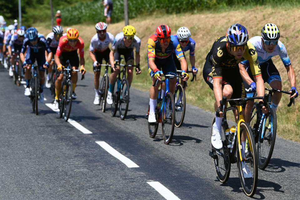 BELLEVILLEENBEAUJOLAIS FRANCE  JULY 13 LR Wout Van Aert of Belgium and Team JumboVisma and Alex Aranburu of Spain and Movistar Team attack during the stage twelve of the 110th Tour de France 2023 a 1688km stage from Roanne to Belleville en Beaujolais  UCIWT  on July 13 2023 in Belleville en Beaujolais France Photo by Tim de WaeleGetty Images