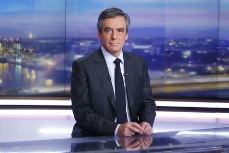 Francois Fillon, former French prime minister, member of The Republicans political party and 2017 presidential candidate of the French centre-right, is seen prior to a prime-time news broadcast in the studios of TF1 in Boulogne-Billancourt, near Paris, France, January 26, 2017. REUTERS/Pierre Constant/Pool