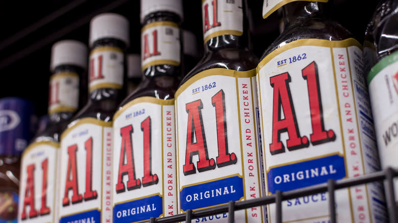 A line of bottles of A.1. marinade on a shelf