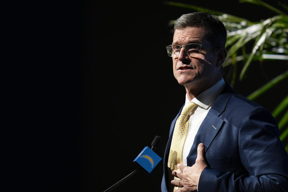 Jim Harbaugh speaks during a press conference introducing him as the new head coach of the Los Angeles Chargers NFL football team Thursday, Feb. 1, 2024, in Inglewood, Calif. (AP Photo/Ashley Landis)