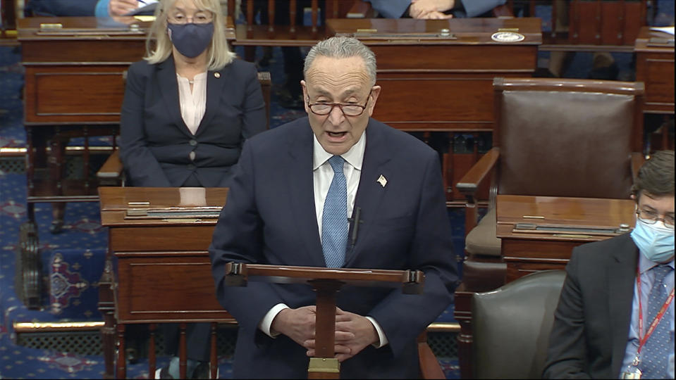 In this image from video, Senate Minority Leader Chuck Schumer of N.Y., speaks as the Senate reconvenes after protesters stormed into the U.S. Capitol on Wednesday, Jan. 6, 2021. (Senate Television via AP)