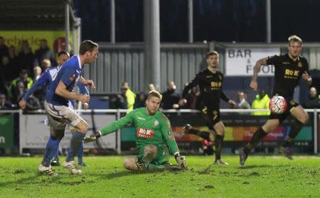 Football Soccer - Eastleigh v Bolton Wanderers - FA Cup Third Round - The Silverlake Stadium - 9/1/16 Eastleigh's Josh Payne in action with Bolton Wanderers' Ben Amos Mandatory Credit: Action Images / John Marsh Livepic