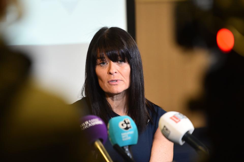 Detective Superintendent Rebecca Smith, of Lancashire Constabulary, updating the media in St Michael’s on Wyre in February (PA Wire)