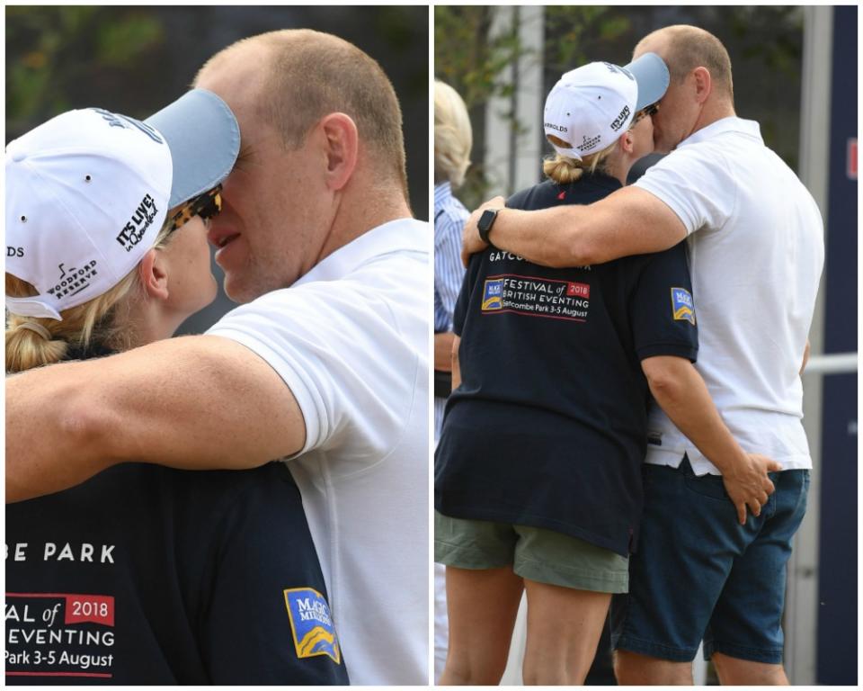 Pictures from the event show Mike cheekily grabbing his wife’s bum as she leans in for a kiss and then Zara holding on to her husband’s bottom. Photo: Mega