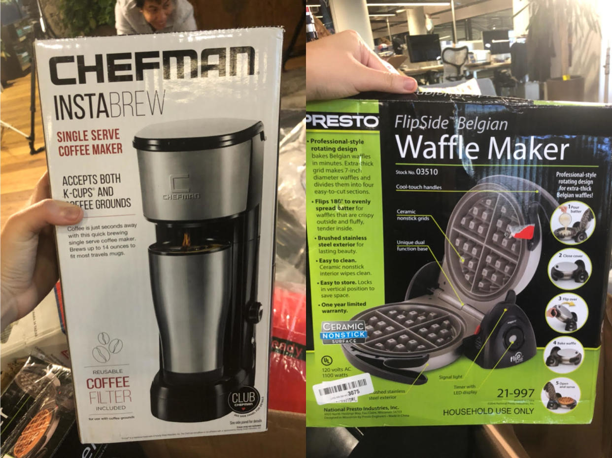 A coffee maker and a waffle maker from my Amazon returns look brand new.