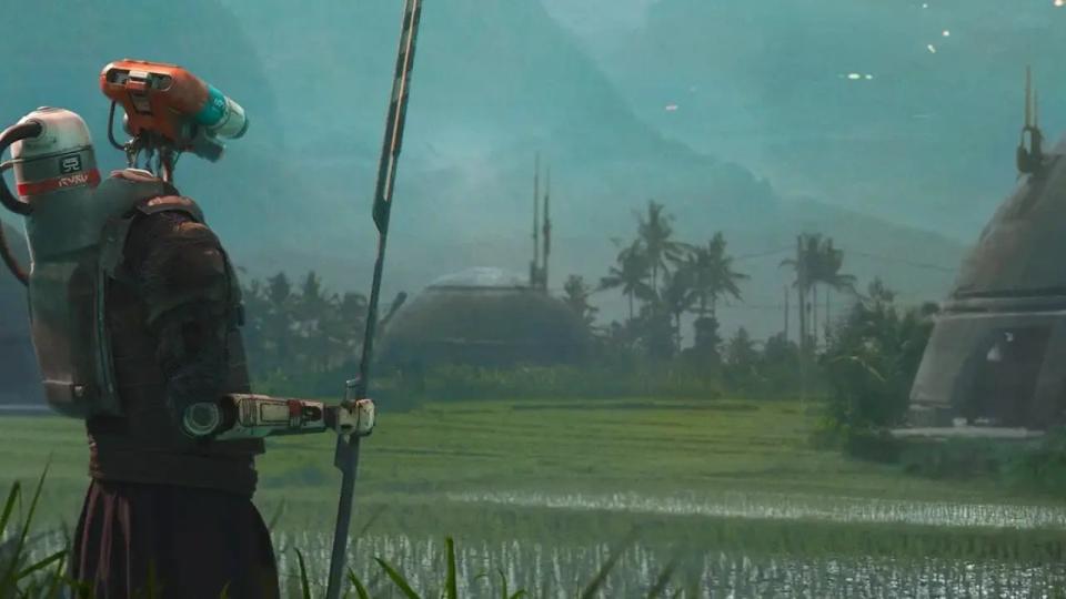 a humanoid robot looks out over a farm