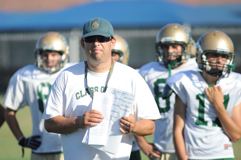 Todd Therrien, shown at a practice in 2012, was a player, assistant and head coach on nine of St. Bonaventure’s 11 section football title teams. He is in a quadriplegic state since suffering a severe spinal cord injury last year in a car accident.